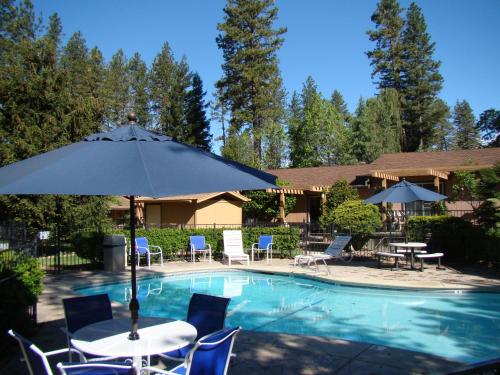 a pool with tables and chairs and an umbrella at Ponderosa Gardens Motel in Paradise
