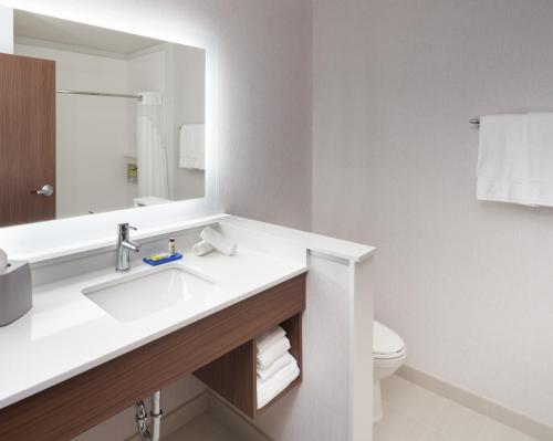 a bathroom with a sink and a mirror and a toilet at Holiday Inn Express Doral Miami by IHG in Doral
