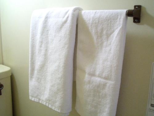 2 toallas colgando de un toallero en el baño en Sky Heart Hotel Koiwa en Tokio