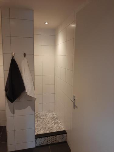 a bathroom with a shower with a bench in it at Appartementen Hoek 1 in Baflo