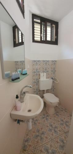 a bathroom with a sink and a toilet at kinneret love sounds in Migdal
