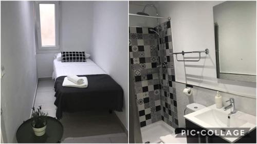 a small bathroom with a bed and a sink at Tarifa Bed and Center in Tarifa