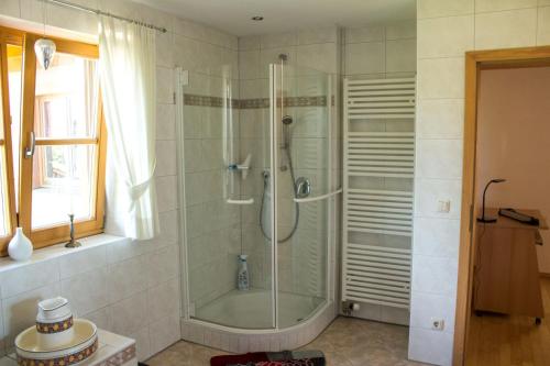 een badkamer met een douche en een glazen deur bij Ferienhaus Seiderer in Breitbrunn am Chiemsee