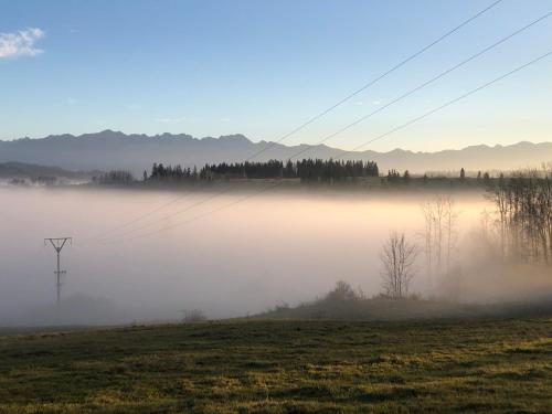 a foggy field next to a field with a telephone pole at Pokoje Gościnne Góraleczka in Szaflary