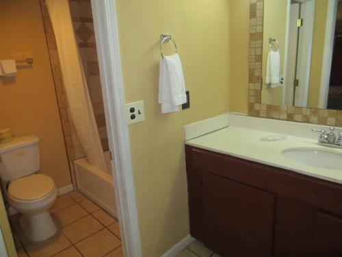 a bathroom with a sink and a toilet and a mirror at Executive Inn Wichita in Wichita
