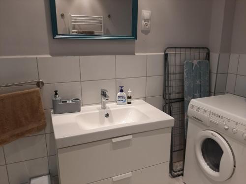 a bathroom with a sink and a washing machine at Sirokkó Apartman in Balatonfüred