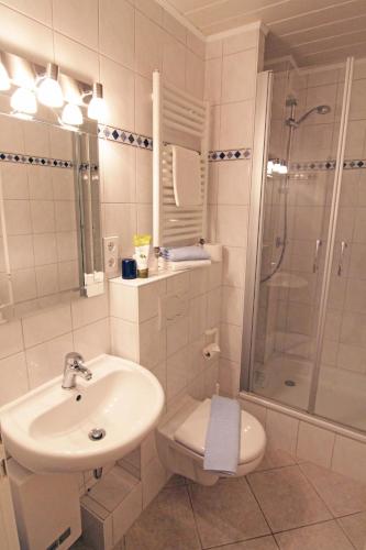 a bathroom with a sink and a toilet and a shower at Haus Heidi in Westerland