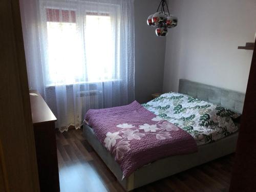a bedroom with a bed with a purple blanket and a window at Apartament Tuwima 8 in Ełk