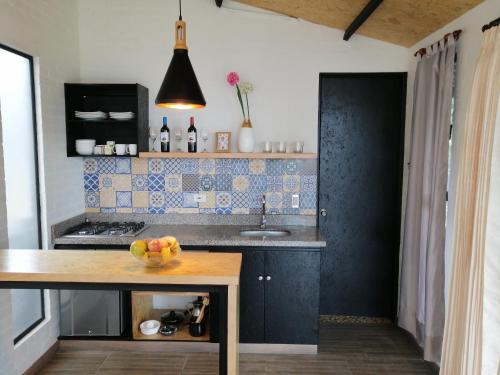 eine Küche mit einem Waschbecken und einer Schale Obst in der Unterkunft Cabañas de lujo - Casa Barcelona in Duitama