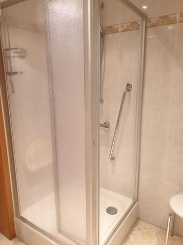 a shower with a glass door in a bathroom at Monteurzimmer Röderland - Langzeitaufenthalte für bis zu 6 Personen in Prösen