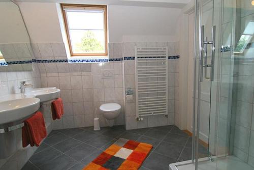 a bathroom with a toilet and a sink and a shower at Nils Holgerson NH2 in Hörnum
