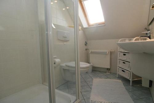 e bagno con doccia, servizi igienici e lavandino. di Ferienwohnung Filter a Hörnum