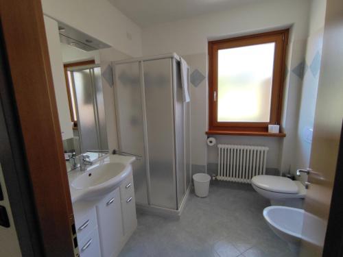 a bathroom with a shower and a sink and a toilet at Residenza Arcobaleno in Tenno