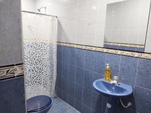 a bathroom with a sink and a toilet and a mirror at Apartamentos Riohacha in Ríohacha