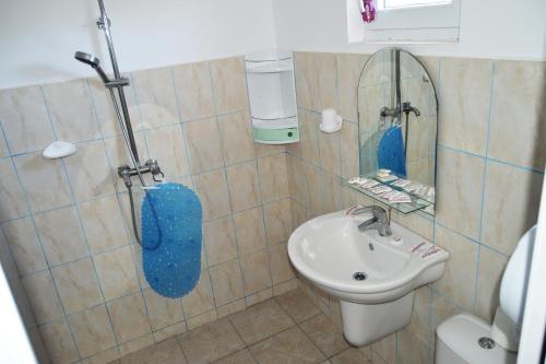 y baño con lavabo y espejo. en Pensiunea Zelezneac, en Carasuhatul-de-Sus