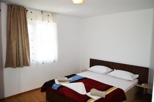 1 dormitorio con 1 cama grande y ventana en Pensiunea Zelezneac, en Carasuhatul-de-Sus