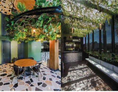 two images of a restaurant with a table and chairs at The Xperience by g in Mazatlán