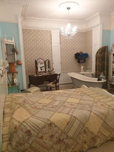 um quarto com uma cama e uma banheira em Judy's B&B private home em Cardiff