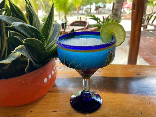 a blue glass sitting on a table with a plant at Hotelito Crismi in Holbox Island