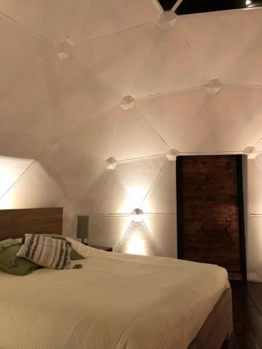 a bedroom with a white ceiling with lights on it at MAUNA Glamping in Tenjo