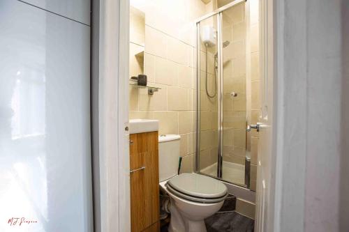 ウェイマスにあるNEAR BEACH - F - First Floor 2 Bedroom Maisonette - SELF CHECK INのバスルーム(トイレ、ガラス張りのシャワー付)