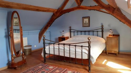 een slaapkamer met een bed en een spiegel bij Private farmhouse for six in the countryside in Saint-Pierre-sur-Orthe