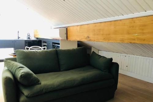 - un canapé vert dans le salon avec une cuisine dans l'établissement Studio vue mer dans le quartier de saint Victor, à Marseille