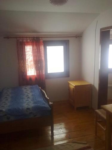 a bedroom with a bed and two windows at Pensiunea Scarisoara in Gheţari