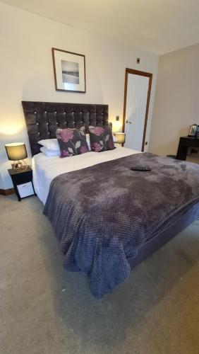 a hotel room with a bed, chair and a lamp at Ty Morgan's in Rhayader
