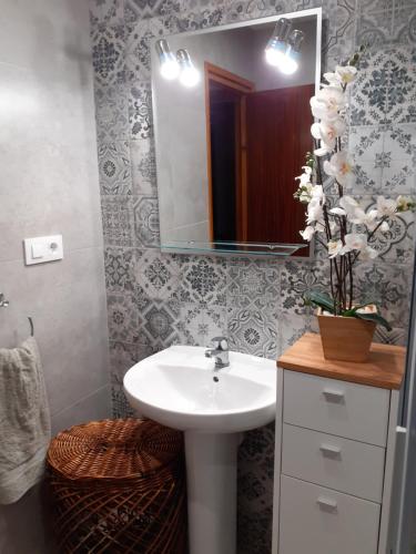 y baño con lavabo y espejo. en Villa Mendoza, en Riumar