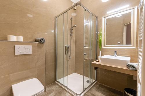 a bathroom with a shower and a sink at Penzion a Restaurace Stará Roudná in Plzeň