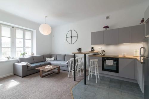 ein Wohnzimmer mit einem Sofa und einer Küche in der Unterkunft Apartamenty Rynek3 , Kazimierz Dolny in Kazimierz Dolny