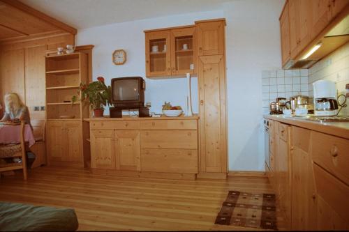a kitchen with wooden cabinets and a tv in it at Residence Holiday in Pozza di Fassa