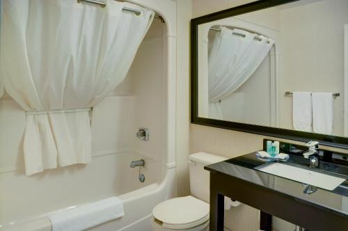 La salle de bains est pourvue de toilettes, d'un lavabo et d'un miroir. dans l'établissement Comfort Inn Saskatoon, à Saskatoon