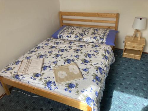 Un dormitorio con una cama con flores azules. en Apartmán ve Velkých Losinách en Velké Losiny