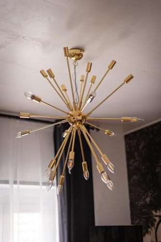 a chandelier hanging from a ceiling in a room at Chateau des Ayes - Chambres & suites in Saint-Étienne-de-Saint-Geoirs