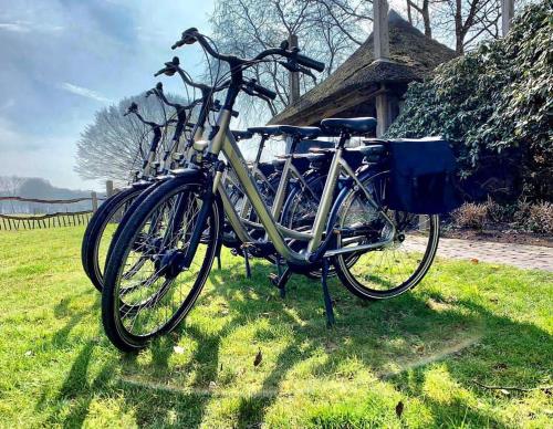 two bikes parked in the grass in front of a house at Lindenhof in Garderen