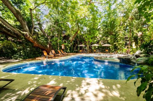 a swimming pool with chairs and trees in the background at Hotel Bosque del Mar Playa Hermosa in Playa Hermosa