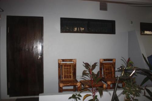 Dos sillas apoyadas en una pared con una planta. en Mbah Mek Trawangan Homestay, en Gili Trawangan