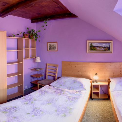 a bedroom with purple walls and a large bed at Penzion U Lesa in České Budějovice