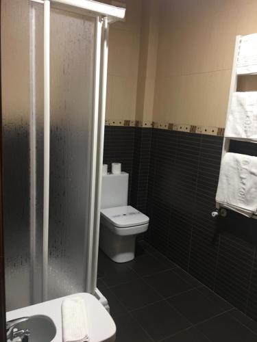 a bathroom with a toilet and a shower and a sink at Hotel Torres I in Villanueva del Arzobispo