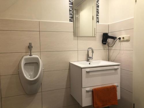 a bathroom with a urinal and a sink at Haus Sonnenschein in Stafstedt