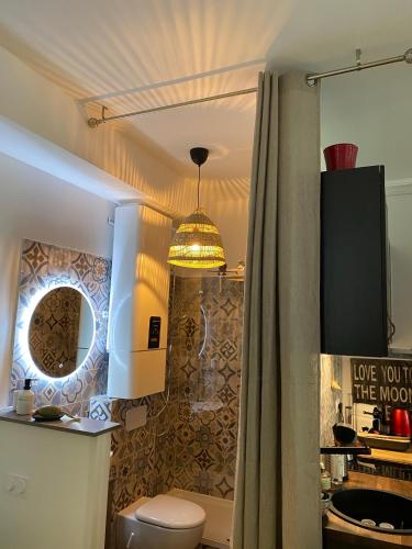 une salle de bain avec toilettes, lavabo et miroir dans l'établissement Le cœur de Lourmarin Loulou en Luberon, à Lourmarin