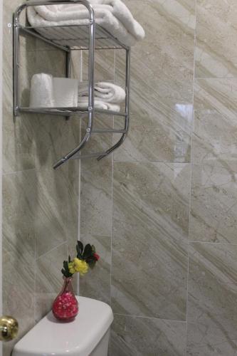 a bathroom with a toilet with a towel rack on the wall at Sunrise Inn in Parry Sound