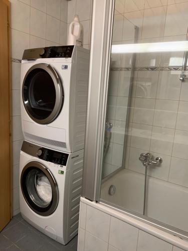 eine Waschmaschine und einen Trockner im Bad mit Dusche in der Unterkunft Ferienwohnung Talhaus in Lauterbrunnen