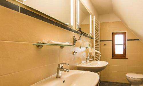 ein Badezimmer mit einem Waschbecken, einem WC und einem Spiegel in der Unterkunft Haus am Bodden 03 in Ahrenshoop