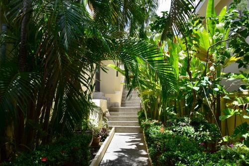 a stairway in a garden with palm trees and plants at Angelot Villa in Chaweng Noi Beach