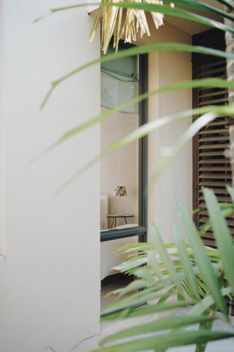 a window of a house with a plant in the foreground at Palm Crescent Hua Hin in Cha Am