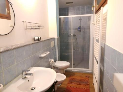 y baño con aseo, lavabo y ducha. en Villa VaLuRi vista magnifica sul Lago di Como Appartamento piano terra, en Vercana