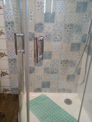 a shower with a glass door in a bathroom at Apartments České Středohoří in Teplice
